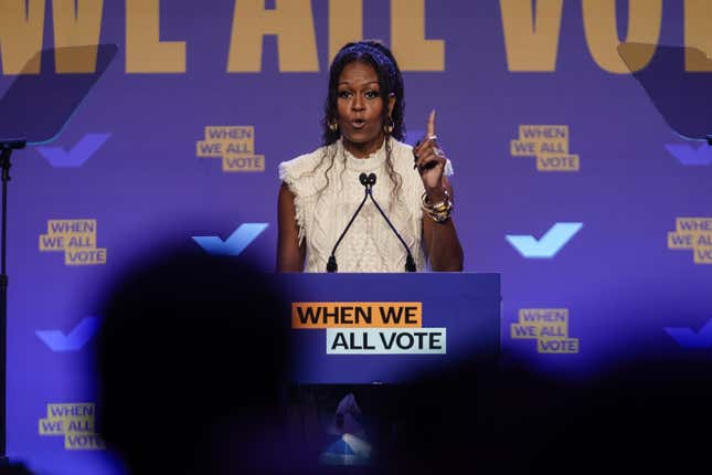 COLLEGE PARK, GEORGIA - OCTOBER 29: Former first lady Michelle Obama speaks at a When We All Vote rally on October 29, 2024 in College Park, Georgia. With one week until Election Day, top surrogates for Kamala Harris including the Obamas continue to campaign on her behalf in battleground states. 