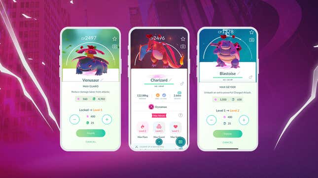 The upgrade screens for three Dynamax Pokémon.