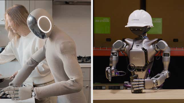 side by side photos showing two Nvidia robots, one with a fully white body and fencing-mask type head and the other with a grey body wearing a white construction hat