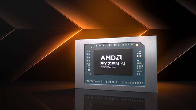 A render of a Ryzen AI 300 Series chip on a bronze stylized background.
