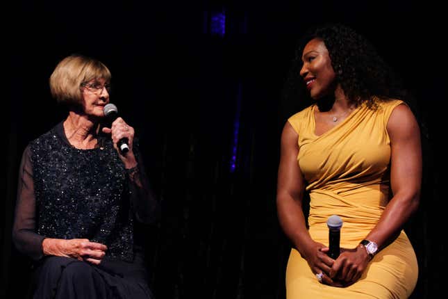 Margaret Court and Serena Williams at the 2016 Hopman Cup Player Party at Perth Crown on January 2, 2016 in Perth, Australia. 