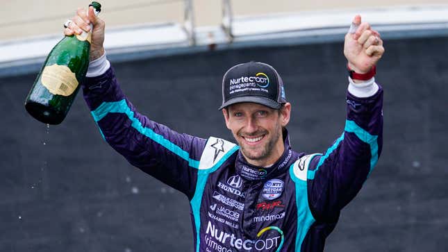 Romain Grosjean celebrates after his second-place finish at the Grand Prix of Indianapolis on May 15.