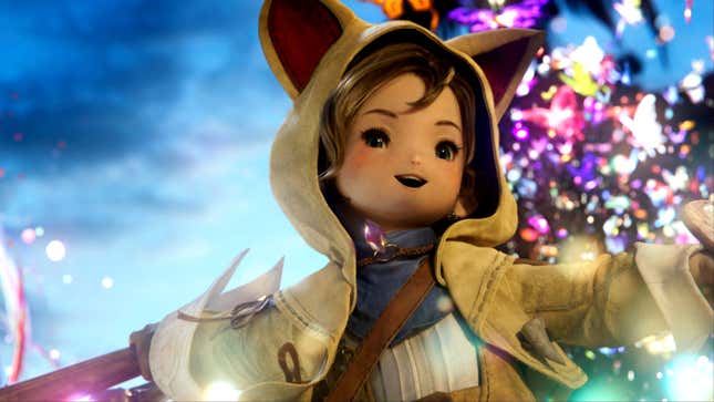 A character in Final Fantasy 14 wears a hood with ears as colorful effects spark to life behind them.