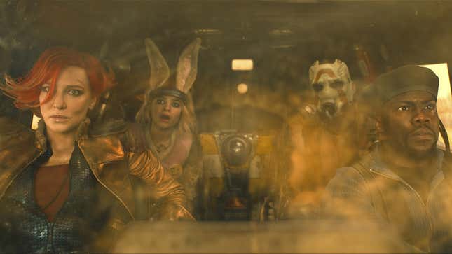 Lilith, Tiny Tina, Claptrap, Krieg and Roland are sitting in a car.