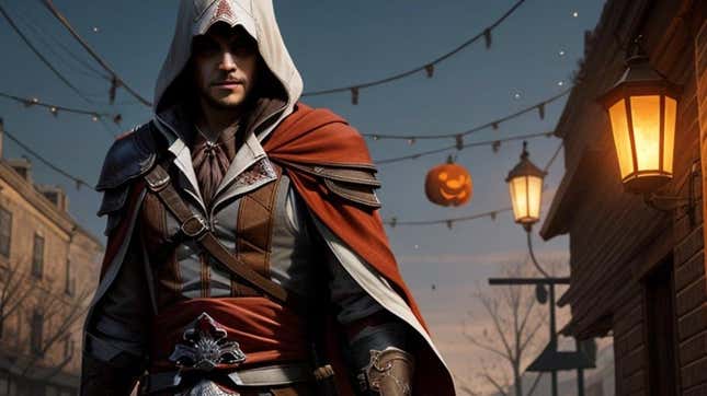 An AI-generated Ezio appears in front of a terrible AI-generated jack-o-lantern. 