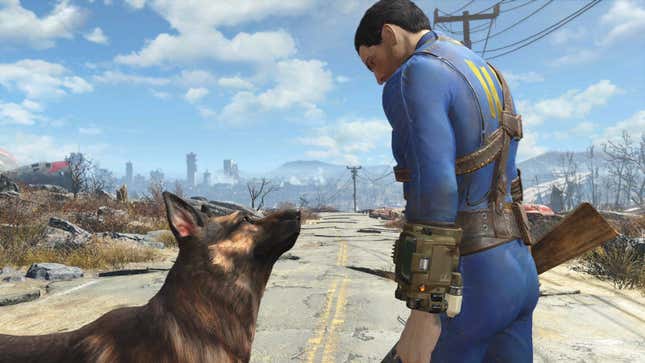 A cute german shepard and an average looking dude in a blue jumpsuit look at each other