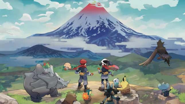 The box art for Pokémon Legends: Arceus, showing the two trainers and their Pokemon overlooking the horizon. 