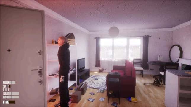 A man in a black sweat suit stands in an apartment with items scattered across the floor