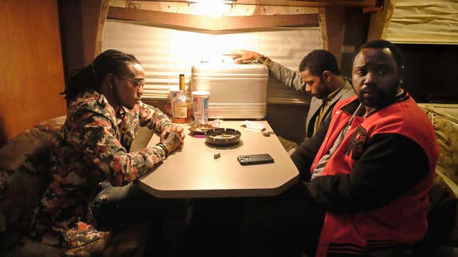  Takeoff as himself, Lakeith Stanfield as Darius, and Brian Tyree Henry as Alfred Miles in the season-one episode “Go For Broke”