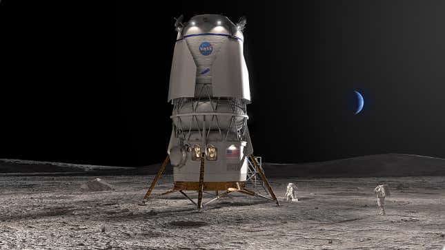 Un rendu numérique de l’atterrisseur Blue Moon de Blue Origin qui ramènera les astronautes sur la Lune dans le cadre du programme Artemis de la NASA. Depuis sa création, l’entreprise a travaillé avec la NASA et des particuliers.