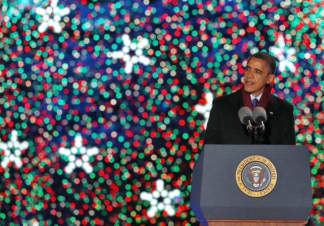 U.S. President Barack Obama speaks after lighting of the National Christmas tree on December 6, 2012 in Washington, D.C. This year is the 90th annual National Christmas Tree Lighting Ceremony. 