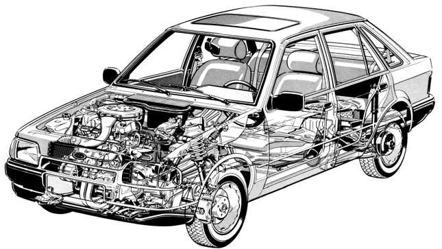 A technical illustration of the workings of a Ford Escort. 