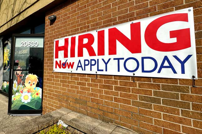 A hiring sign is displayed in Riverwoods, Ill., Tuesday, April 16, 2024. On Thursday, April 18, 2024, the Labor Department reports on the number of people who applied for unemployment benefits last week. (AP Photo/Nam Y. Huh)