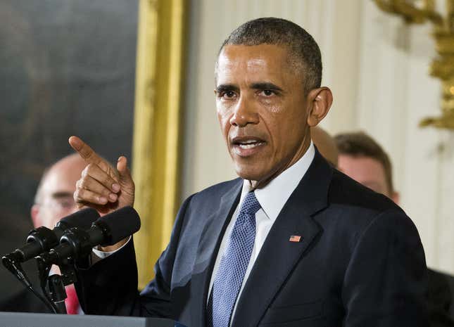 With a tear running from his eye, President Barack Obama recalls the 20 first-graders killed in 2012 at Sandy Hook Elementary School, while speaking in the East Room of the White House in Washington, Tuesday, Jan. 5, 2016, about steps his administration is taking to reduce gun violence.