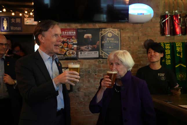 US Treasury Secretary Janet Yellen and US ambassador to China Nicholas Burns sample beer at the Jing-A brewery in Beijing, China, Monday, April 8, 2024. Ever since she ate mushrooms that can have psychedelic effects in Beijing last July, Americans and Chinese have been united in their interest in what Janet Yellen will eat next. (AP Photo/Tatan Syuflana, Pool)