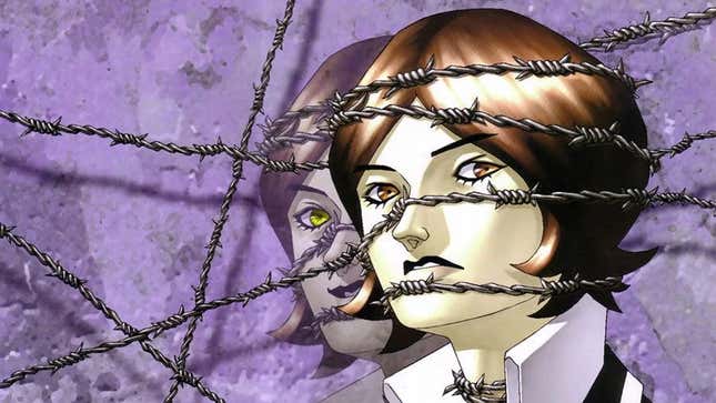 A promotional image of the Persona 2 protagonist wrapped in barbed wire.