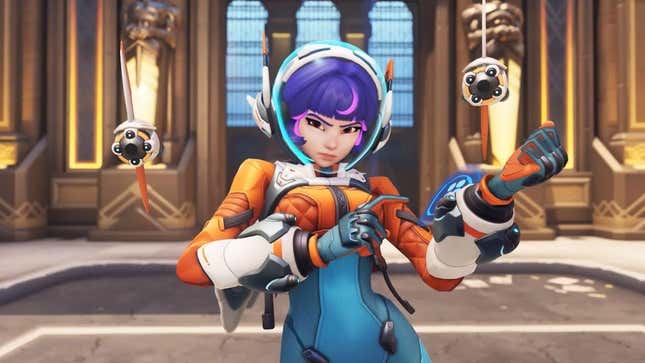 A purple-haired girl wearing an orange and blue space suit pouts