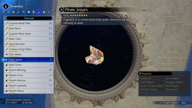 Ein Screenshot eines Menüs zeigt neben anderen Handwerksmaterialien auch Piraten-Jetsam.