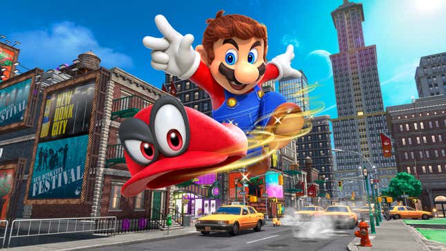 Mario throwing Cappy in the box art for Super Mario Odyssey. 