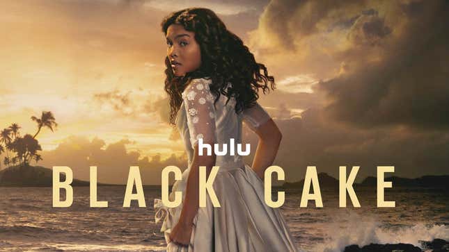 Black Cake promotional art featuring a Black woman in a wedding dress on a beach