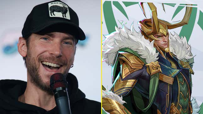 A voice actor is juxtaposed next to a Marvel character.