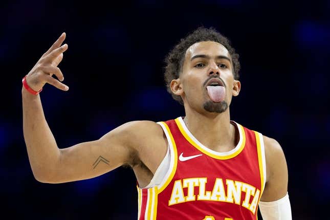 Oct 20, 2023; Philadelphia, Pennsylvania, USA; Atlanta Hawks guard Trae Young (11) reacts after a score against the Philadelphia 76ers during the third quarter at Wells Fargo Center.