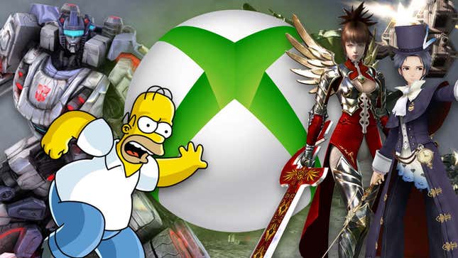 Homer, Optimus and other characters stand in front of an Xbox 360 logo. 