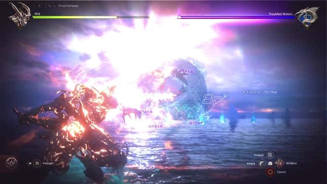 Ifrit burns while attacking Leviathan in its big watery sphere.