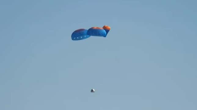 This screengrab, taken from the Blue Origin webcast, shows the unfurled parachute. 