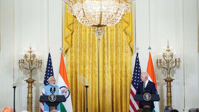 India’s Prime Minister Narendra Modi speaks during a joint press conference with U.S. President Joe Biden at the White House in Washington, U.S., June 22, 2023. REUTERS/Kevin Lamarque