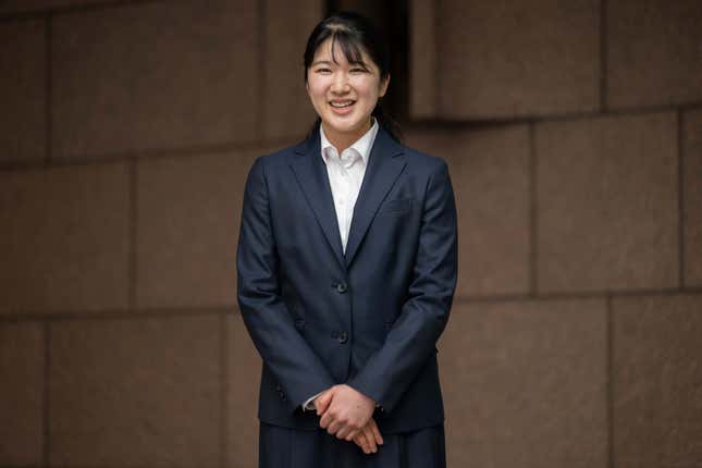 Japan&#39;s Princess Aiko, the daughter of Emperor Naruhito and Empress Masako, poses for the media at the Japanese Red Cross Society as she begins to work on April 1, 2024. (Yuichi Yamazaki/Pool Photo via AP)