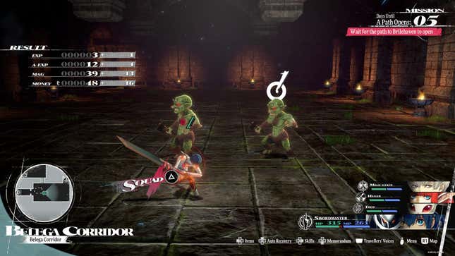 The protagonist swings his sword at a goblin enemy.