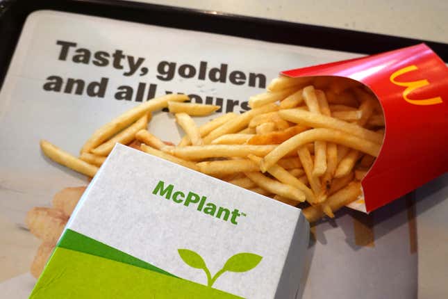 McDonald’s McPlant Beyond Meat burger with French Fries at a restaurant in San Rafael, California.