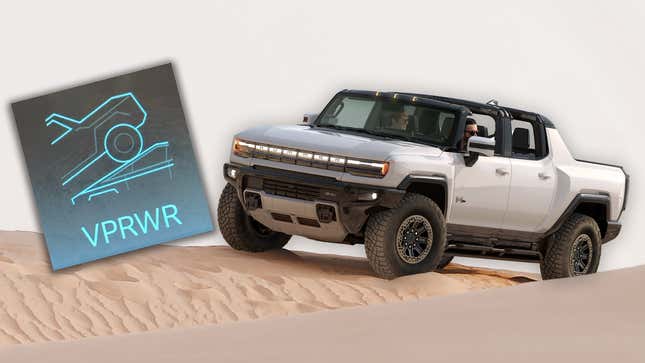 a photo of a white gmc hummer ev parked on a sand dune, with an overlaid close-up photo of a button from the truck's dashboard
