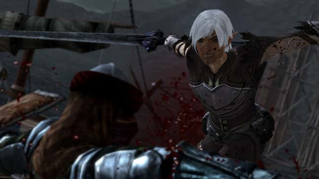 Fenris strikes an enemy down with his sword. 