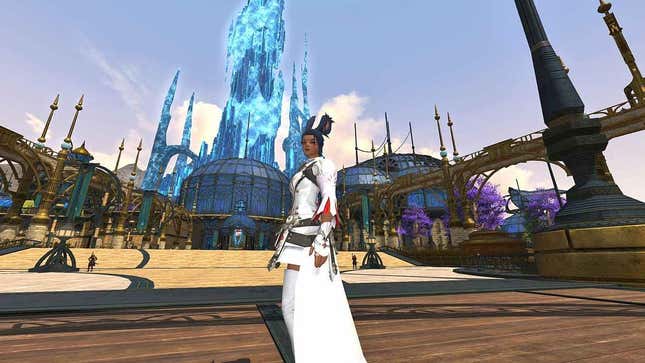 A bunny girl stands in front of a structure and large tower of crystal