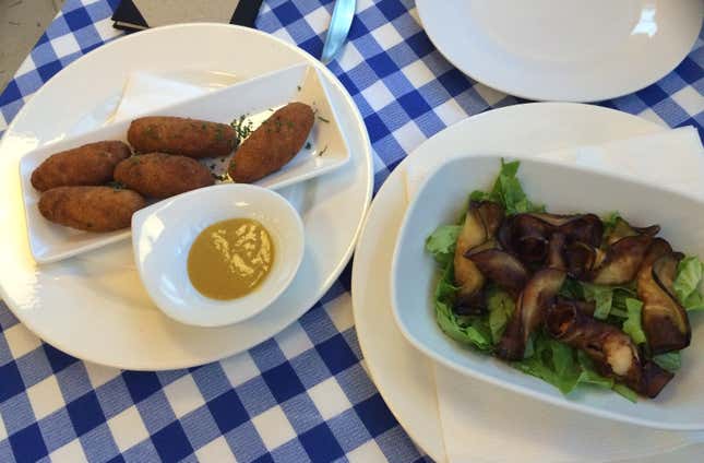 Eggplant-wrapped shrimp and croquettes at Mediterráneo, where prices are not that different than what you would find in the US.