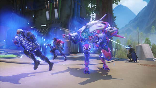 Soldier: 76, Cassidy, and D.Va charge into battle after Ana powers them all up.