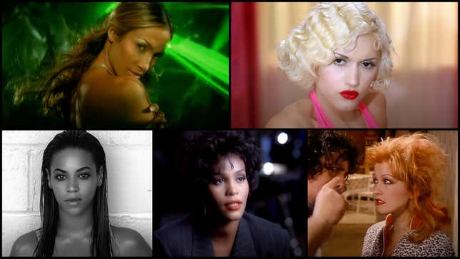 Clockwise from top left: “Waiting For The Night” official music video (Screenshot: Jennifer Lopez/YouTube); “It’s My Life” (Screenshot: No Doubt/YouTube); “Girls Just Wanna Have Fun” (Screenshot: Cyndi Lauper/YouTube); “I Will Always Love You” (Screenshot: Whitney Houston/YouTube); “If I Were A Boy” (Screenshot: Beyonce/YouTube)