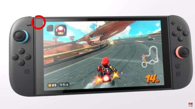 Un Switch 2 con un círculo rojo que muestra dónde hay espacio para una cámara.
