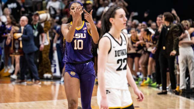DALLAS, TEXAS - APRIL 02: Angel Reese #10 of the LSU Lady Tigers reacts in front of Caitlin Clark #22 of the Iowa Hawkeyes towards the end of the 2023 NCAA Women’s Basketball Tournament championship game at American Airlines Center on April 02, 2023 in Dallas, Texas.