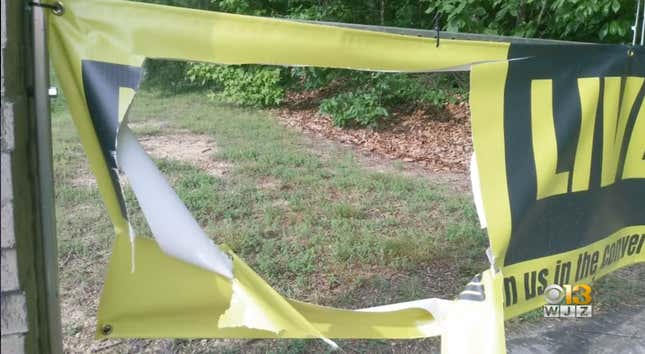 Vandalized BLM sign outside The Ark and Dove Presbyterian Church in Odenton, Md. 