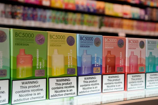 FILE - Varieties of disposable flavored electronic cigarette devices manufactured by EB Design, formerly known as Elf Bar, are displayed at a store in Pinecrest, Fla., Monday, June 26, 2023. U.S. officials are seizing more shipments of unauthorized electronic cigarettes. But industry data shows thousands of new flavored products continue pouring into the country from China. (AP Photo/Rebecca Blackwell, File)