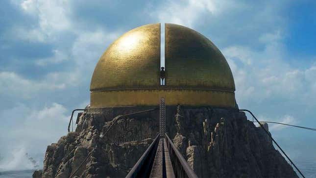 A metal walkway leads towards a large golden dome on a mountain