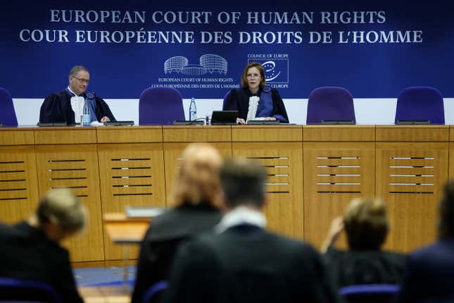 President of the European Court of Human Rights Síofra O&#39;Leary, center, speaks Tuesday, April 9, 2024 in Strasbourg, eastern France. Europe&#39;s highest human rights court will rule Tuesday on a group of landmark climate change cases aimed at forcing countries to meet international obligations to reduce greenhouse gas emissions. The European Court of Human Rights will hand down decisions in a trio of cases brought by a French mayor, six Portuguese youngsters and more than 2,000 elderly Swiss women who say their governments are not doing enough to combat climate change. (AP Photo/Jean-Francois Badias)