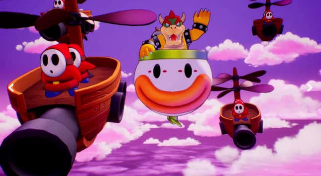 Bowser and other villains fly through the sky.