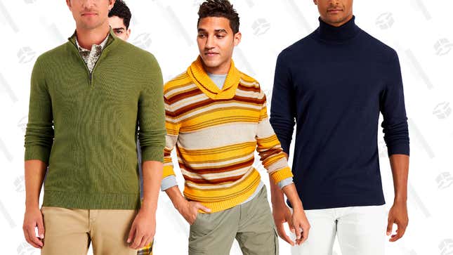 Macy’s Men’s Sweaters | Under $50 | Macy’s
Men’s Blanket Stripe Shawl | $30 | Macy’s
Men’s Solid Turtle Neck | $32 | Macy’s | Promo Code FRIEND
Men’s Textured Quarter Zip Sweater | $40 | Macy’s