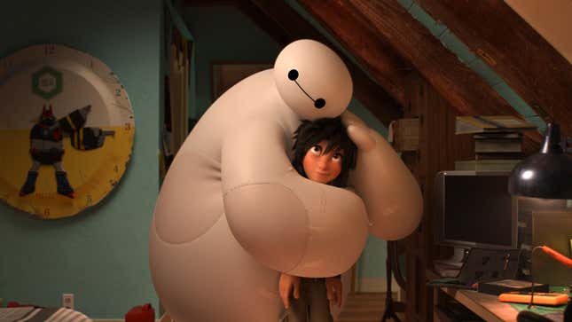 Baymax hugs Hiro. 