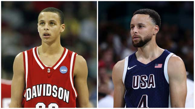 Steph Curry en 2008 ; Steph Curry en 2024.