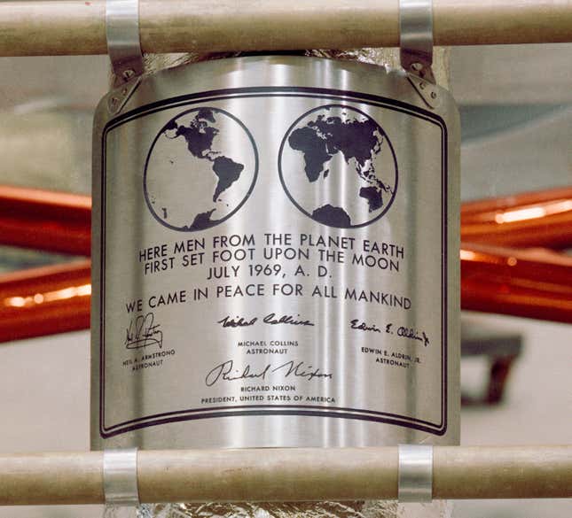The Apollo 11 lunar plaque mounted on LM-5 "Eagle"